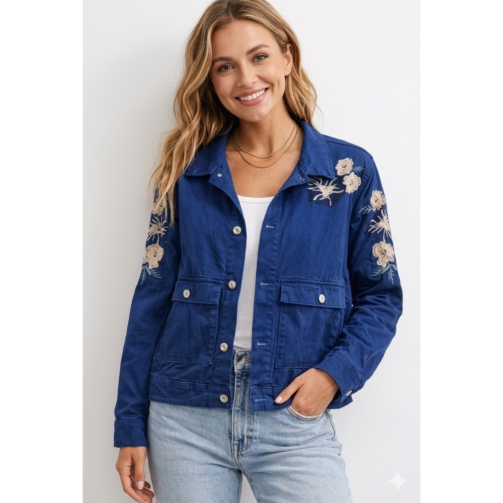Cottagecore Embroidered Floral Chore Jacket Royal Blue Hamptosn Cotton Size 2XL